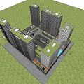 Modern Twin High Rise Office Building With Sky Bridge Glass Curtain Wall And Urban Surroundings