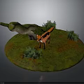 Realistic Red Fox Standing On Circular Platform With Green Grass Small Shrubs And Wooden Log