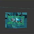 Abstract Blue 3D Model Design With Geometric Shapes Green Elements And Light Lines