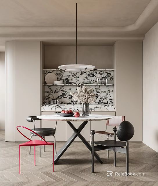 Elegant Restaurant Interior With Round Dining Table Red Chairs Pendant Light And Marble Backsplash 3d model