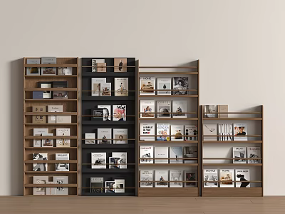 Modern Wooden Bookshelves With Open Shelves Holding Books And Decorative Items 3d model