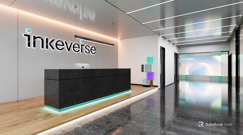 Sleek Modern Office Reception Counter In Bright Minimalist Corporate Lobby With Custom Brand Wall 3d model 