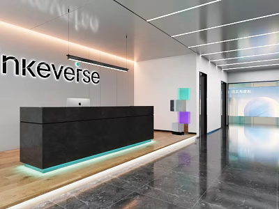 Sleek Modern Office Reception Counter In Bright Minimalist Corporate Lobby With Custom Brand Wall 3d model