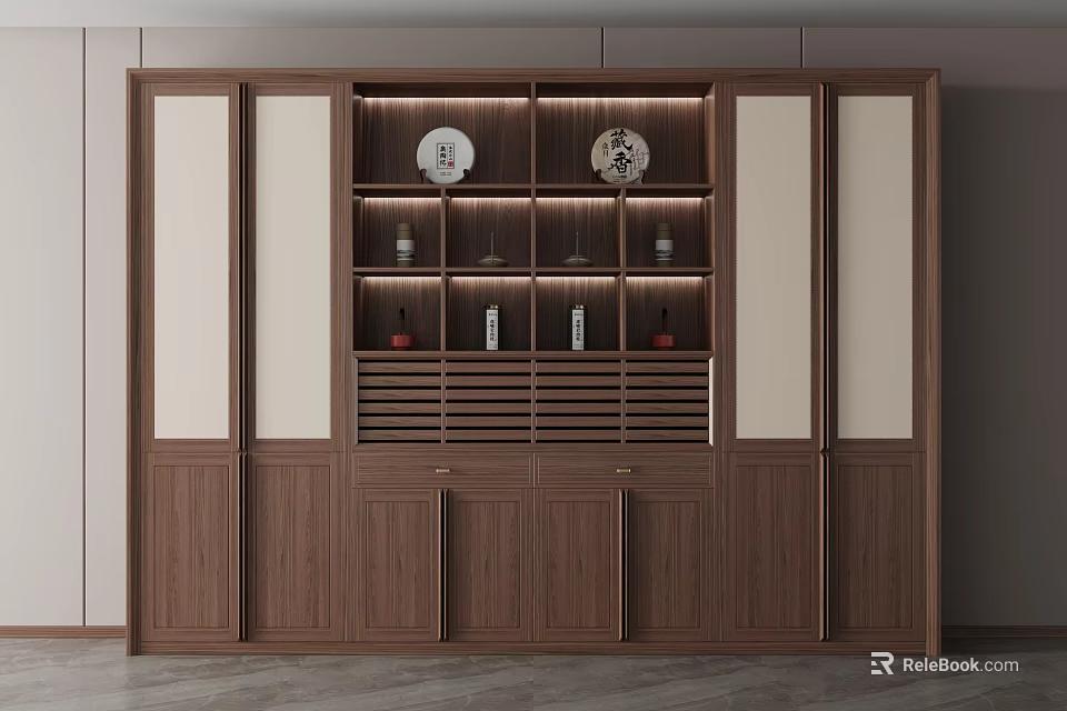 Modern Wooden Decorative Cabinet With Glass Doors And Open Shelves Displaying Plates And Bottles 3d model 