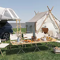 Serene Garden Landscape With Green Grass Camping Tent Wooden Tables Chairs And Blue Car