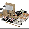Assorted Sushi Rolls With Soy Sauce Bottles On Wooden Serving Tray And Small Bowls