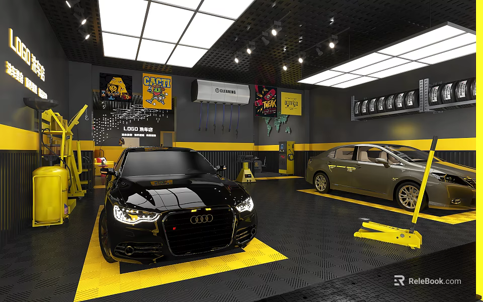 4S Dealership Car Service Workshop With Two Cars Yellow Service Tools And Bright Lighting 3d model 