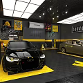 4S Dealership Car Service Workshop With Two Cars Yellow Service Tools And Bright Lighting