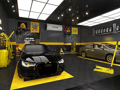 4S Dealership Car Service Workshop With Two Cars Yellow Service Tools And Bright Lighting 3d model