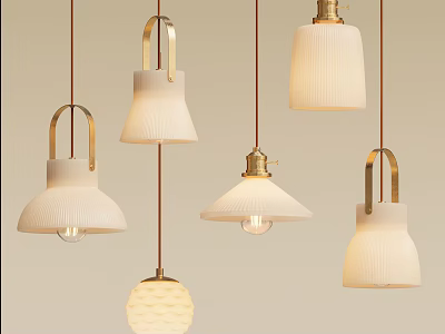 Elegant Modern Pendant Lights With Brass Accents And Cream Ribbed Bell Shades 3d model