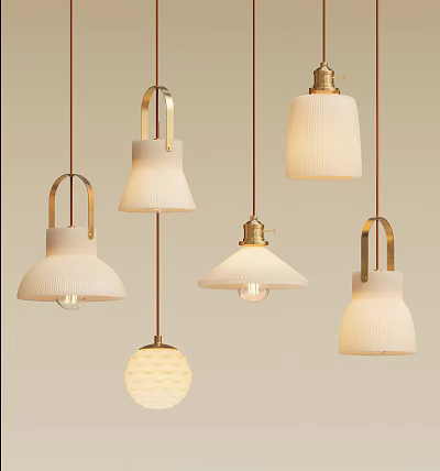 Elegant Modern Pendant Lights With Brass Accents And Cream Ribbed Bell Shades 3d model