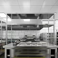 Stainless Steel Commercial Kitchen With Worktables Storage Cabinets Lighting And Yellow Warning Lines