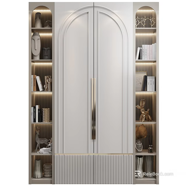 Modern White Bookshelf Featuring Double Doors Gold Handles Open Shelves LED Lighting And Decorative Items 3d model 