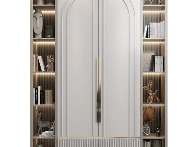 Modern White Bookshelf Featuring Double Doors Gold Handles Open Shelves LED Lighting And Decorative Items 3d model