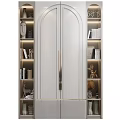 Modern White Bookshelf Featuring Double Doors Gold Handles Open Shelves LED Lighting And Decorative Items