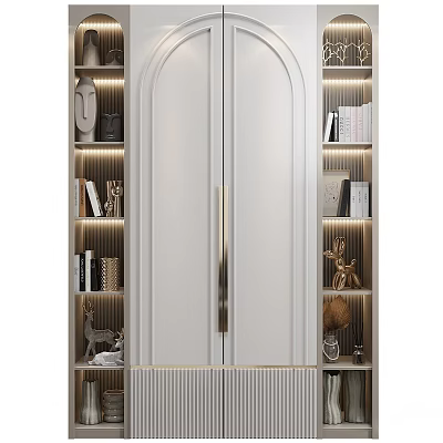 Modern White Bookshelf Featuring Double Doors Gold Handles Open Shelves LED Lighting And Decorative Items 3d model
