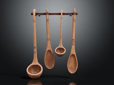 Four Decorative Wooden Spoons Hanging On Wall Mounted Rack For Kitchen Utensil Storage And 3d model