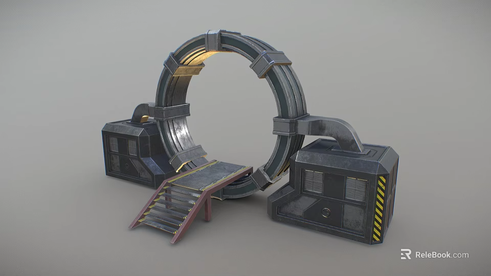 Sci Fi Metal Ring Structure Design With Square Bases Ramp Steps And Lighting 3d model 