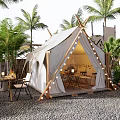Tropical Camping Site With Canvas Tent Palm Trees Tables And Chairs Decorative Flags