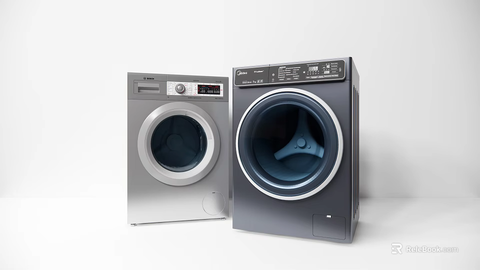Two Modern Front Load Washing Machines Silver And Dark Gray Contemporary Home Laundry Appliances 3d model 