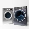 Two Modern Front Load Washing Machines Silver And Dark Gray Contemporary Home Laundry Appliances