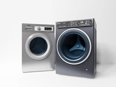 Two Modern Front Load Washing Machines Silver And Dark Gray Contemporary Home Laundry Appliances 3d model
