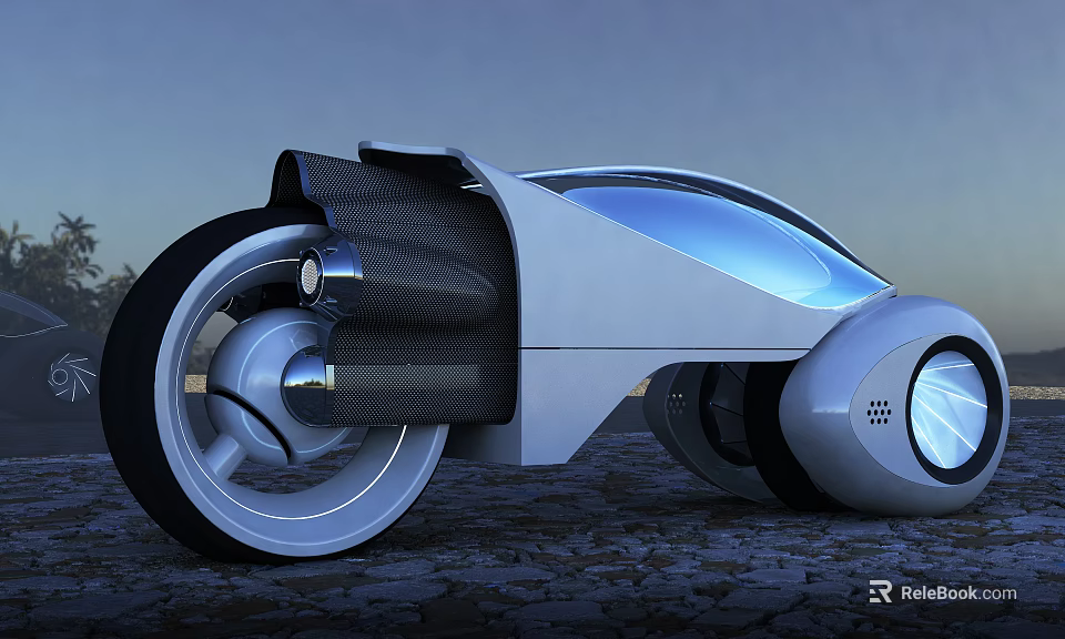 Futuristic Motorcycle with Sleek White Blue Design Large Wheels Carbon Fiber Dusk Sky Cracked Ground 3d model 