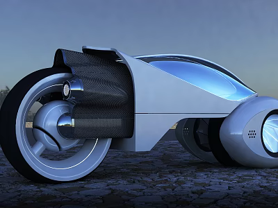 Futuristic Motorcycle with Sleek White Blue Design Large Wheels Carbon Fiber Dusk Sky Cracked Ground 3d model