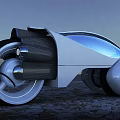 Futuristic Motorcycle with Sleek White Blue Design Large Wheels Carbon Fiber Dusk Sky Cracked Ground