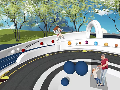 Outdoor Feature Wall with Trees Sky Colorful Circular Decorations and Adult Child Playing 3d model