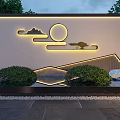 Modern Landscape Feature Wall With Illuminated Mountain Sun Cloud Patterns And Green Bushes 3d model