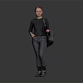 Woman Wearing Black Top Jeans And Boots Carrying Bag Against Gray Background