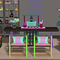 Modern Chinese Wooden Tea Table and Chairs with Tea Sets Display Cabinet and Green Plant