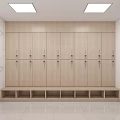 Modern Locker Room Interior With Row Of Wooden Lockers Marble Wall And Bench