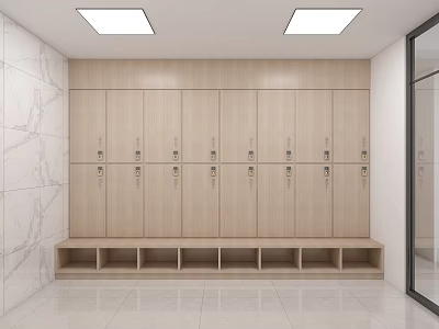 Modern Locker Room Interior With Row Of Wooden Lockers Marble Wall And Bench 3d model