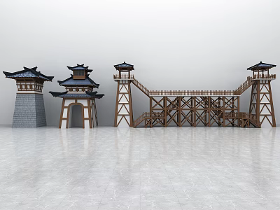 Ancient Chinese style Tower with Wooden Structure Gray Brick Walls Multi-layered Roofs and Connecting Corridors 3d model