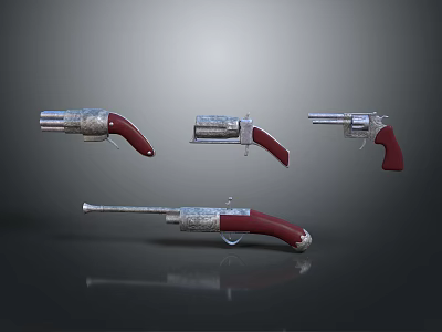 Classic Revolvers In Various Styles With Silver Decorations Red Grips And Gray Background Reflection 3d model