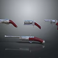 Classic Revolvers In Various Styles With Silver Decorations Red Grips And Gray Background Reflection