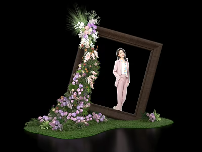 Floral Installation Decorative Picture Frame With Purple White Flowers And Green Grass 3d model