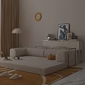 Beige Sectional Sofa With Metal Frame On Rug And Floor Lamp Dessert Coffee Artwork