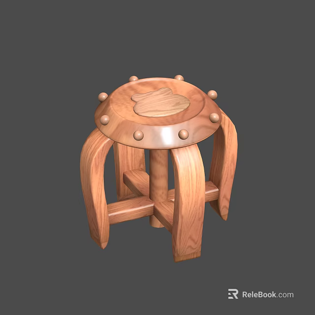 Wooden Stool With Round Seat Carved Leaf Pattern And Curved Legs 3d model 