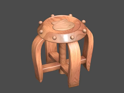 Wooden Stool With Round Seat Carved Leaf Pattern And Curved Legs 3d model