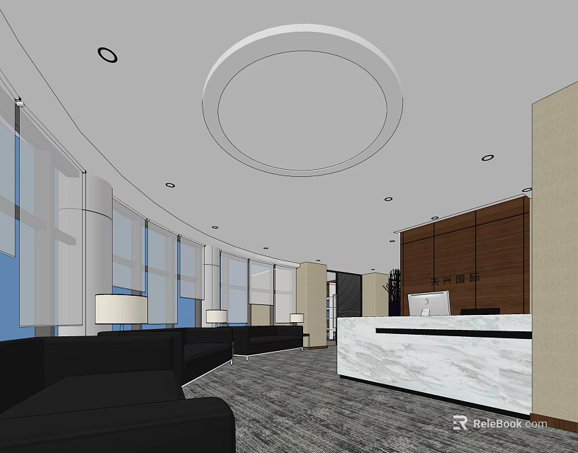 Modern Front Desk Reception Interior With Marble Counter Black Sofas Large Windows And Circular Ceiling 3d model 
