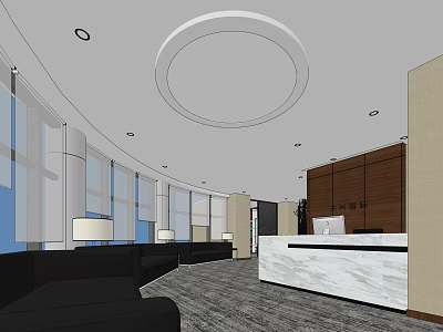 Modern Front Desk Reception Interior With Marble Counter Black Sofas Large Windows And Circular Ceiling 3d model