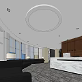 Modern Front Desk Reception Interior With Marble Counter Black Sofas Large Windows And Circular Ceiling