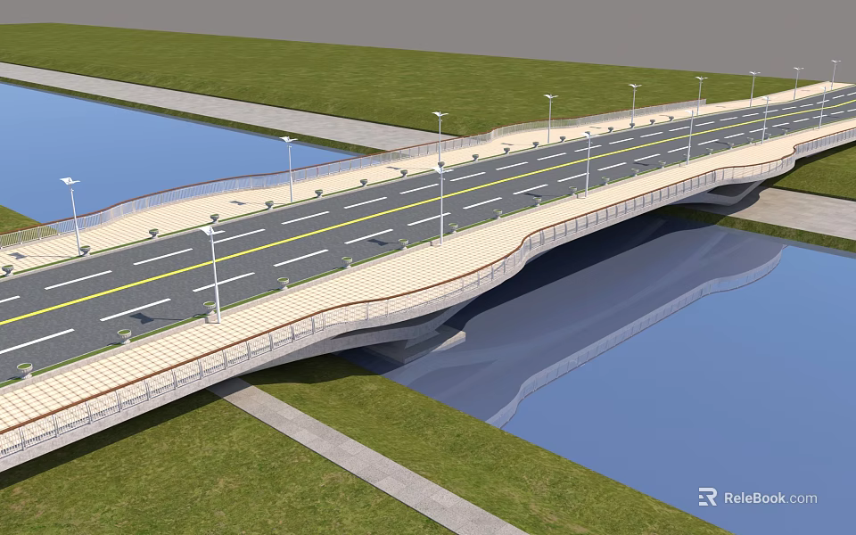 Modern Bridge With Road Lanes Street Lamps And Grass Over Water 3d model 