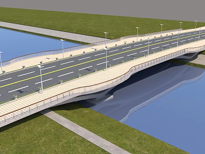 Modern Bridge With Road Lanes Street Lamps And Grass Over Water 3d model