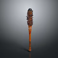 Decorative Wooden Ceremonial Staff With Intricate Top Stacked Design And Brown Finish