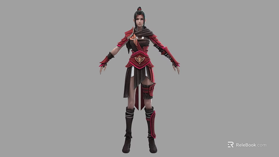 Game and Movie Character in Red and Black Ornate Armor With Headdress Standing Pose 3d model 