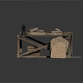 Sculpture Carving Workbench With Stone Blocks Stacked Wooden Planks And Small Lantern On Gray Mat